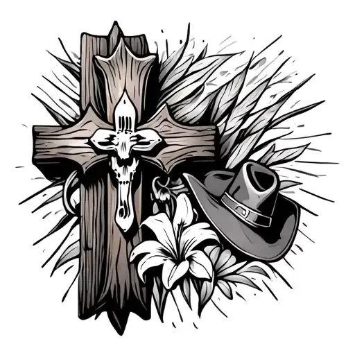wooden cross with cowboy hat hanging on the right side with lilys on the bottom tattoo design idea