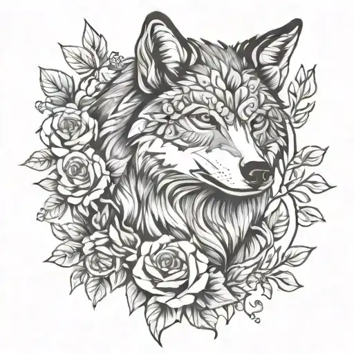 feminine floral wolf tattoo design idea