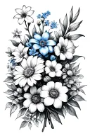 Flower bouquet with 2 forget me not, carnation, daffodil, gladiolus, morning glory, cosmo, 2 chrysanthemum tattoo design idea