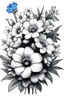 Flower bouquet with 2 forget me not, carnation, daffodil, gladiolus, morning glory, cosmo, 2 chrysanthemum tattoo design idea