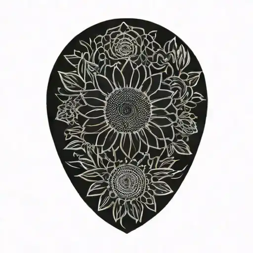 sunflower, rose, and chrysanthemum, flower intertwined tattoo design idea