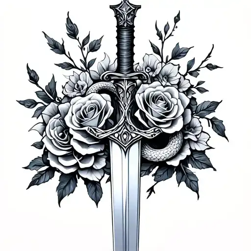 sword with snake coiled and roses blooming tattoo design idea