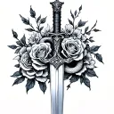 sword with snake coiled and roses blooming tattoo design idea