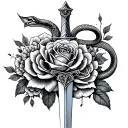 sword with snake coiled and roses blooming tattoo design idea