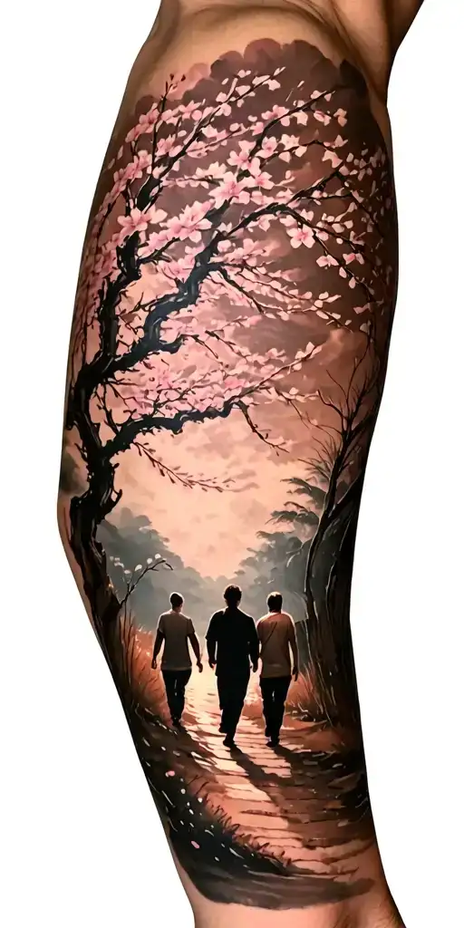 cherry blossom treeBrown outline tree wrapping entire full arm sleeve with brown sha with father and three boys walking  tattoo design idea