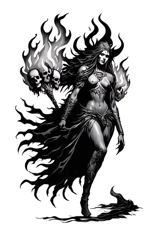 Norse Goddess Hel with fire and skulls representing dark periods tattoo design idea