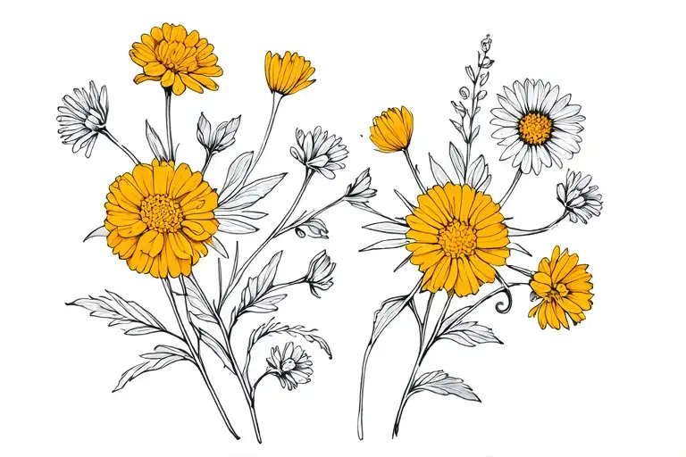 Aster and Marigold flowers tattoo design idea