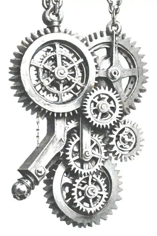 pendulum hanging from complex machine on a beam with gears   tattoo design idea