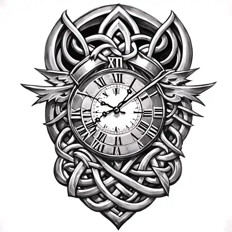 clock face on armor tattoo design featuring Celtic trinity knot  tattoo design idea