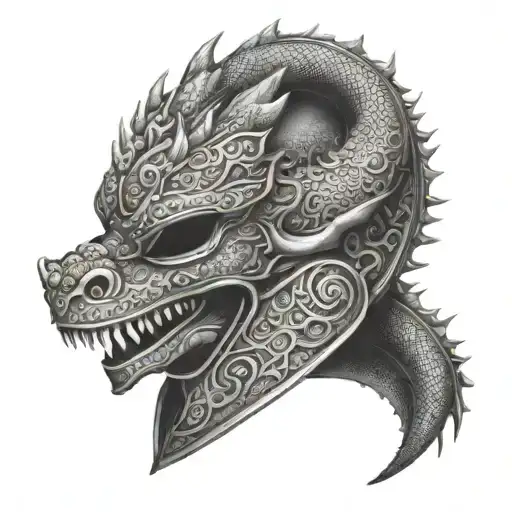 An intricate design of a welding helmet with a dragon wrapped around it, representing the client's passion for welding and Chinese dragons tattoo design idea