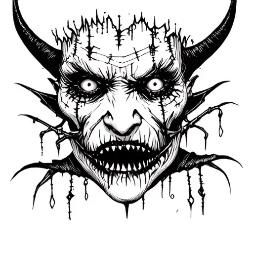 sinister demon with stitched lips and stitched eyes tattoo design idea