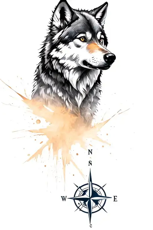 wolf strength perseverance disciplined with the compass behind  facing forward  tattoo design idea