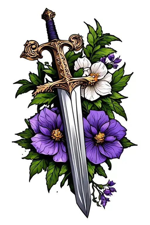 St Michael's sword, violet and primrose flowers intertwined tattoo design idea