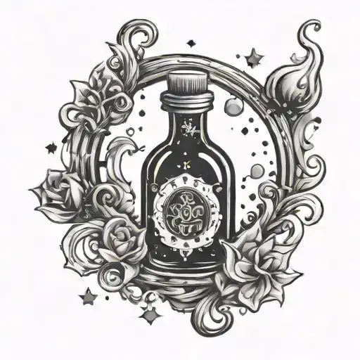 gothic potion bottle with bubbly liquid inside. surrounded by sparkles and bubbles.  tattoo design idea