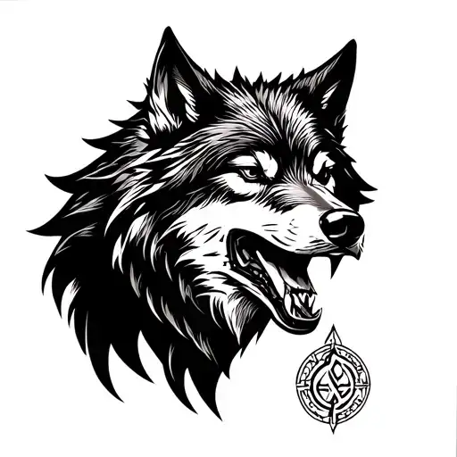 Nordic wolf snarling with runes engraved tattoo design idea