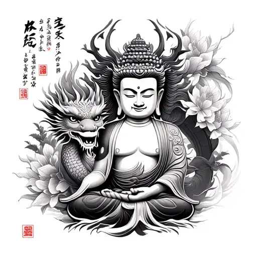 black and grey buddha, a big dragon, and then pagodas, japanese flowers and buddhist quotes and a cool shading tattoo design idea
