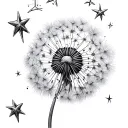 Tiny stars connected by a thread, tangled and twisting into a small knot, from which a tiny dandelion begins to grow tattoo design idea