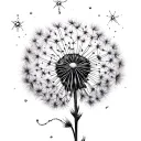 Tiny stars connected by a thread, tangled and twisting into a small knot, from which a tiny dandelion begins to grow tattoo design idea