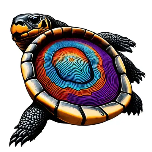 thumb print inside a turtle shell one red line one blue line one orange line one purple line tattoo design idea