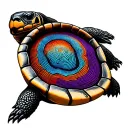 thumb print inside a turtle shell one red line one blue line one orange line one purple line tattoo design idea