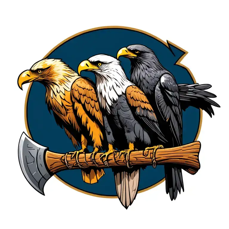 three birds sitting on horizontal viking axe. Birds are golden eagle, bald eagle, raven. Nordic tattoo design idea