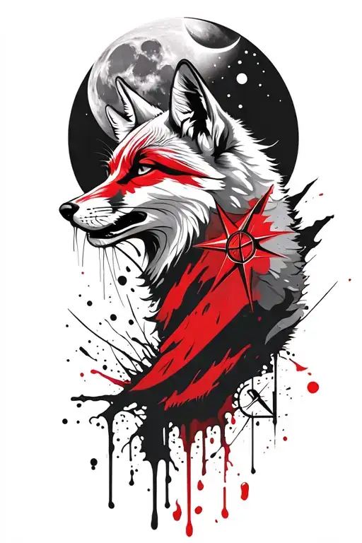howling fox with Belarus theme with moon and compass in back tattoo design idea