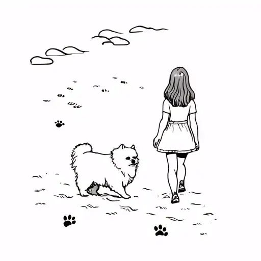 Pomeranian dog and a girl with footprints and paw print walking on the sand  tattoo design idea