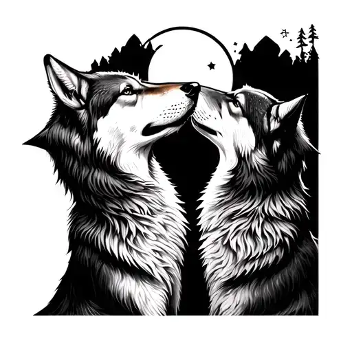 Minimalistic tattoo for a gay couple depicting two wolves howling towards the moon. tattoo design idea