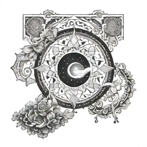 A life coach guiding a traveler through a portal of new beginnings tattoo design idea