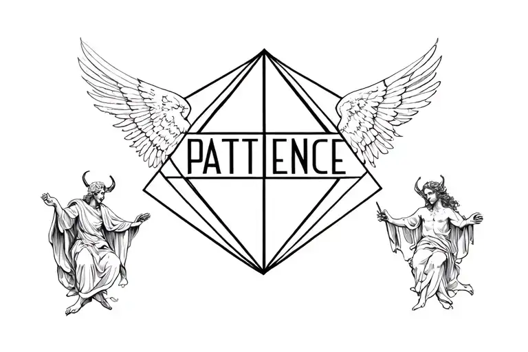 geometric design with the word patience with two angels one represnting the devil and one god tattoo design idea