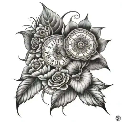 mandala flower, caterpillar cocoon transition, clock, loop, and time 11:59 tattoo design idea