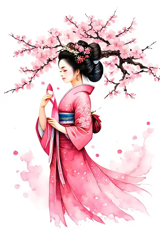 cherry blossom tree with geisha girl holding breast cancer ribbon  tattoo design idea