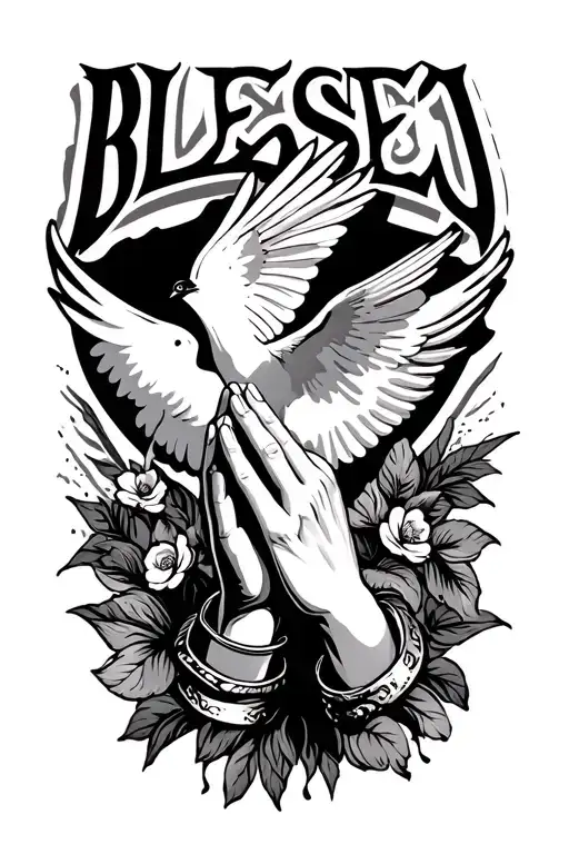 "10-08-23 Blessed " Open Praying Hands With A Dove Flying IN tattoo design idea