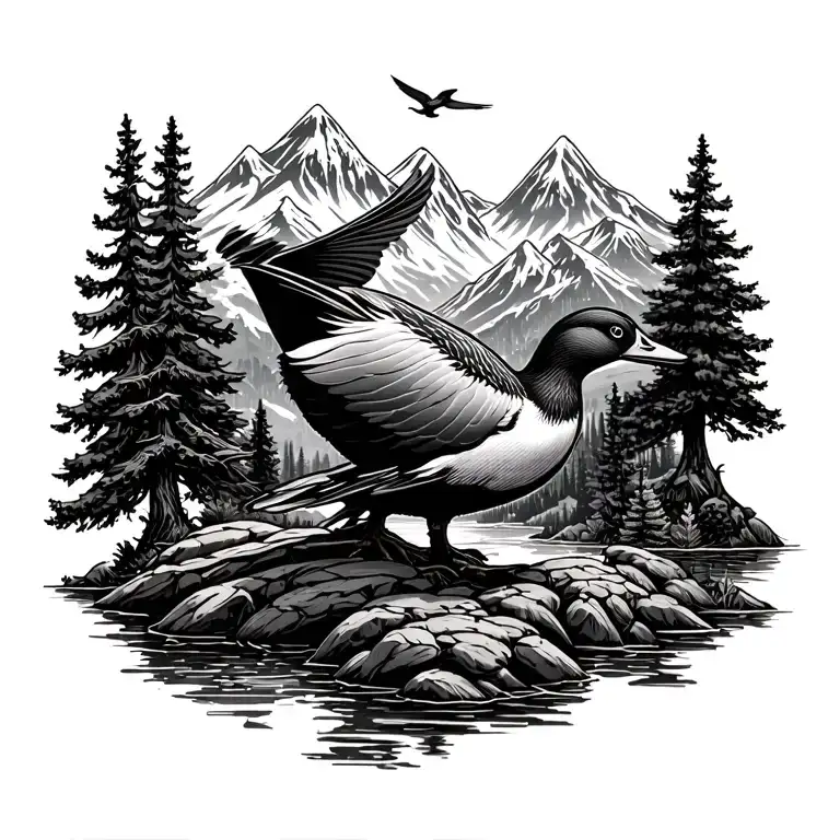  outdoor elements like trees, mountains with flying duck tattoo design idea