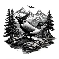  outdoor elements like trees, mountains with flying duck tattoo design idea