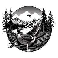  outdoor elements like trees, mountains with flying duck tattoo design idea