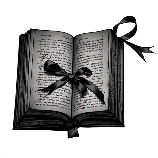 A closed book with a tiny ribbon bookmarking one page near the end. tattoo design idea