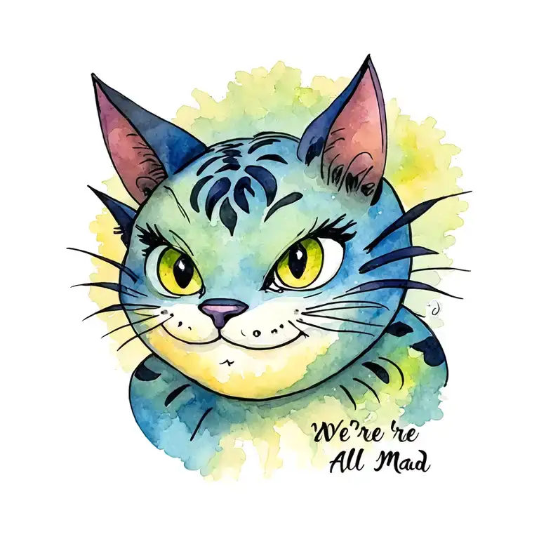 Cheshire Cat from Alice with We're all mad here with some additional Disney figures or symbols tattoo design idea