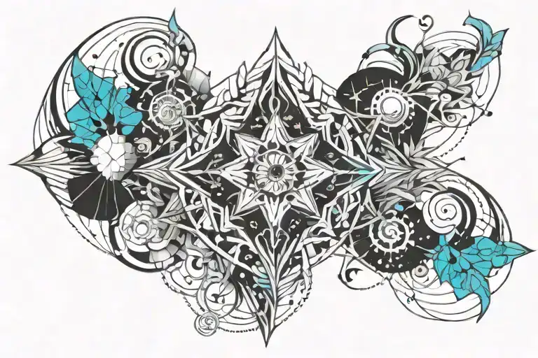 Tattoo design for your body: A dynamic design with nature, science, cosmos, fire and death. Black and white with cyan tattoo design idea