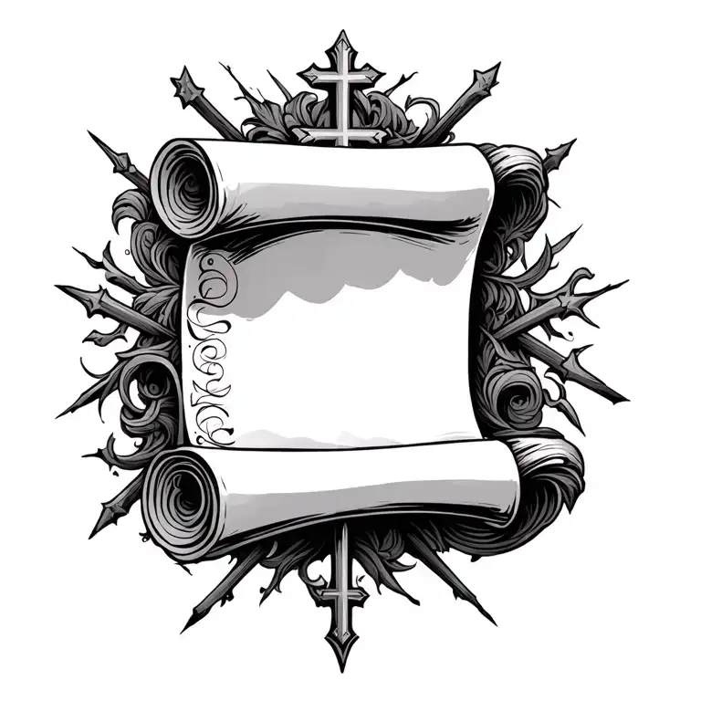 a detailed scroll surrounded by crosses shooting behind it  tattoo design idea