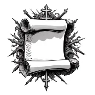 a detailed scroll surrounded by crosses shooting behind it  tattoo design idea