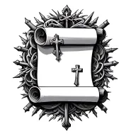 a detailed scroll surrounded by crosses shooting behind it  tattoo design idea