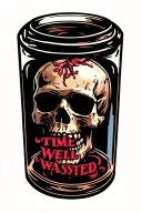 "Time Well Wasted" clear bottle almost empty with skull in it in colour tattoo design idea