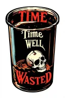"Time Well Wasted" clear bottle almost empty with skull in it in colour tattoo design idea