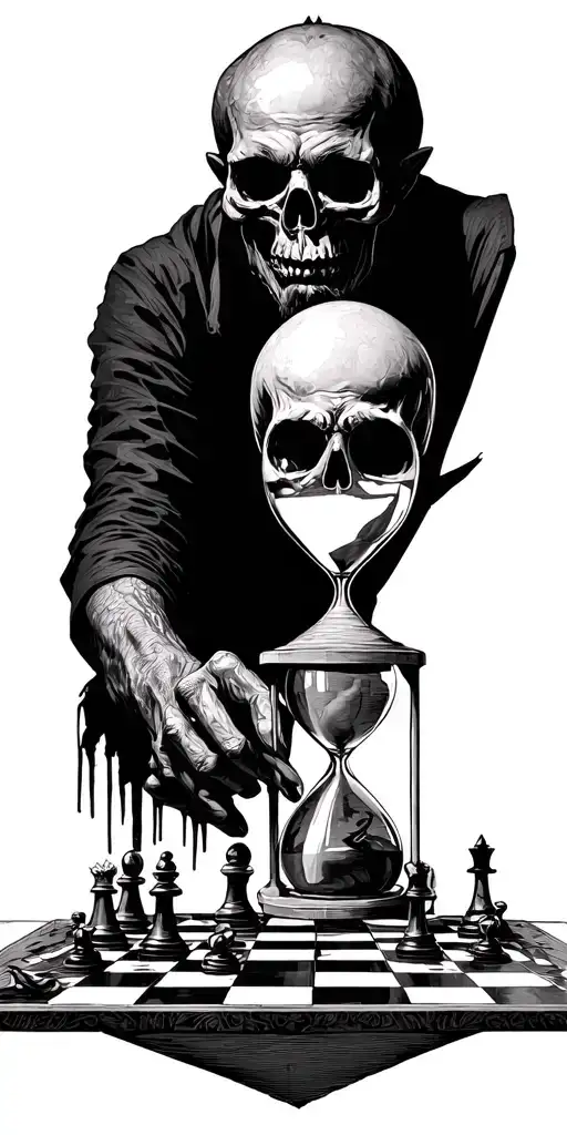Death playing chess with a man and a large chessboard and a hourglass tattoo design idea