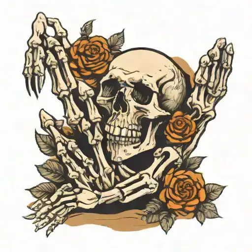skeleton hand emerging from dirt holding flowers tattoo design idea