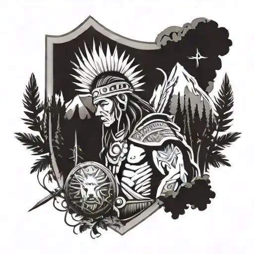A majestic Native American warrior holding a shield with a Christian cross symbol, surrounded by nature elements like trees and mountains tattoo design idea