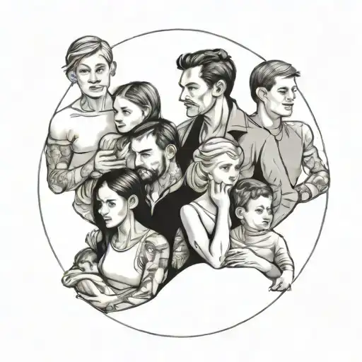 a seven members family, 2 parents, five children, 2 men, 1 girl, one man. tattoo design idea
