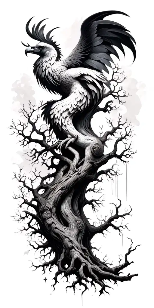abstract life and death 50/50 tree of life libra leo phoenix  tattoo design idea