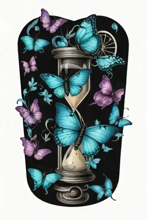 hourglass, clock, butterflies tattoo design idea